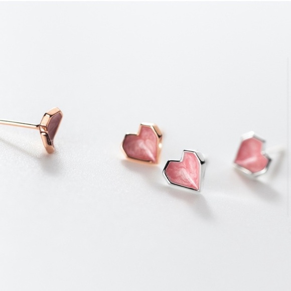 Pink Epoxy Heart Stud Earrings with Silver or Rose Gold Accents - Picture 1 of 4